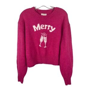 Ruby Moon Cropped Wool Blend Pink Merry Holiday Christmas Sweater NWT Size. L